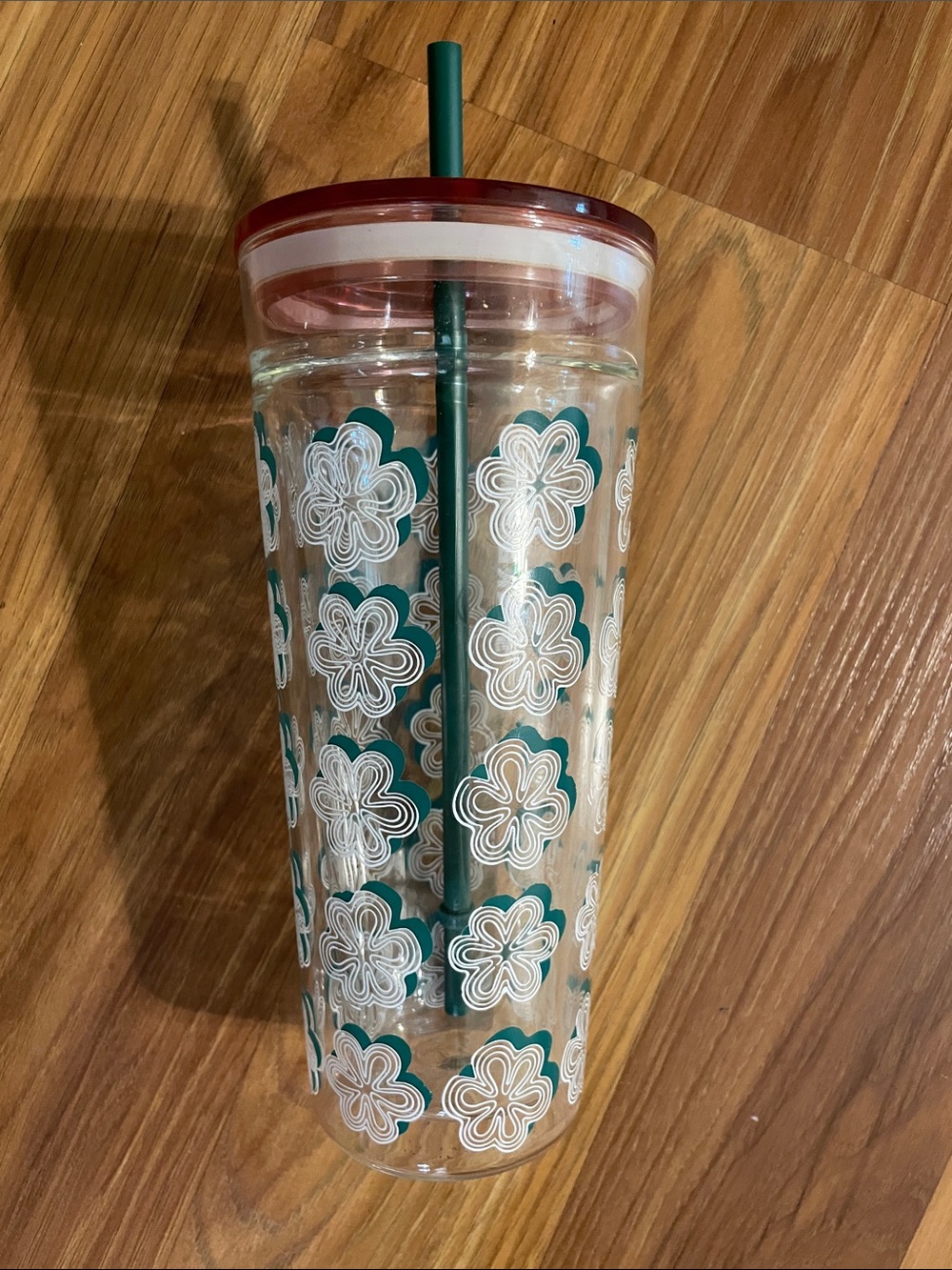 Starbucks Clear Tumbler with Teal Floral Pattern and Burgundy Lid
